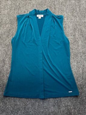 Women’s Blue Calvin Klein Sleeveless V Neck Business Casual Blouse Top Small